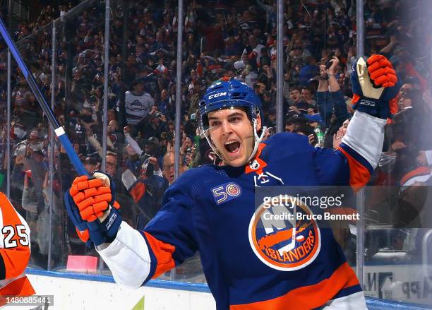 Samuel Bolduc of the New York Islanders celebrates his second period goal against the Philadelphia Flyers at the UBS Arena on April 08, 2023 in...