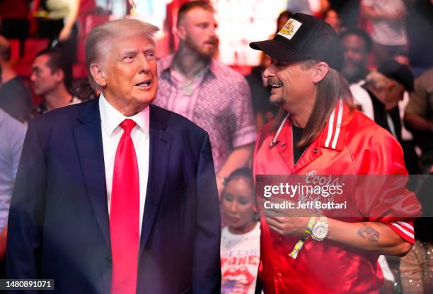 Former U.S. President Donald Trump and musician Kid Rock are seen in attendance during the UFC 287 event at Kaseya Center on April 08, 2023 in Miami,...