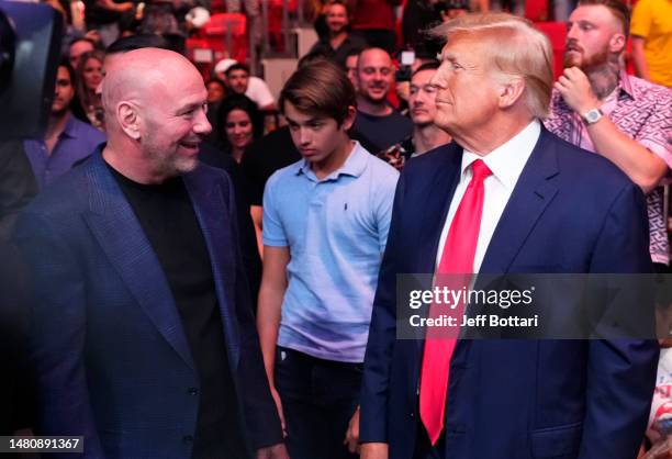 Former U.S. President Donald Trump and UFC president Dana White are seen in attendance during the UFC 287 event at Kaseya Center on April 08, 2023 in...