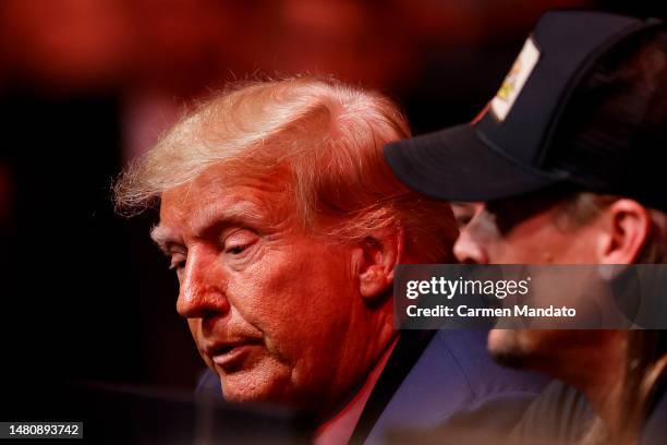 Former U.S. President Donald Trump and Kid Rock attend UFC 287 at Kaseya Center on April 08, 2023 in Miami, Florida.