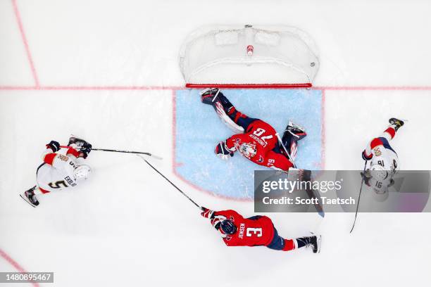 Aaron Ekblad of the Florida Panthers scores a goal against Charlie Lindgren of the Washington Capitals during the second period of the game at...