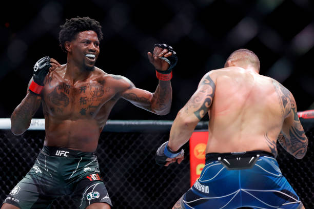 Kevin Holland reacts in the welterweight bout against Santiago Ponzinibbio of Argentina during UFC 287 at Kaseya Center on April 08, 2023 in Miami,...