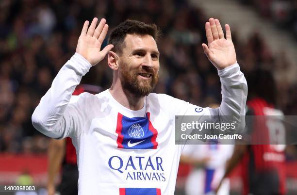 Lionel Messi of PSG celebrates his goal during the Ligue 1 match between OGC Nice and Paris Saint-Germain at Allianz Riviera stadium on April 8, 2023...