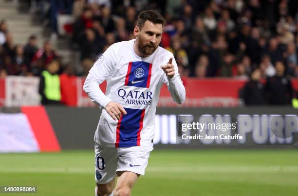 Lionel Messi of PSG celebrates his goal during the Ligue 1 match between OGC Nice and Paris Saint-Germain at Allianz Riviera stadium on April 8, 2023...