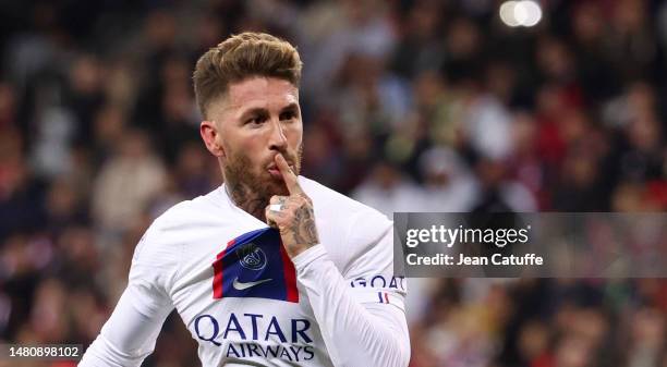 Sergio Ramos of PSG celebrates his goal during the Ligue 1 match between OGC Nice and Paris Saint-Germain at Allianz Riviera stadium on April 8, 2023...