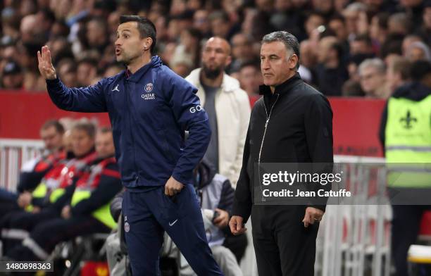 Assistant coach of PSG Joao Sacramento, coach of PSG Christophe Galtier during the Ligue 1 match between OGC Nice and Paris Saint-Germain at Allianz...