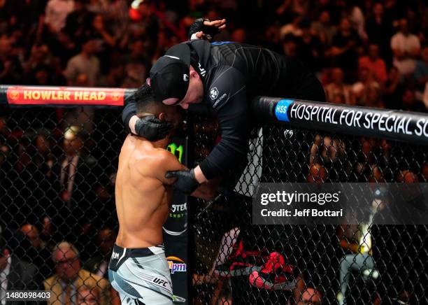 Rob Font reacts after his knockout victory over Adrian Yanez in a bantamweight fight during the UFC 287 event at Kaseya Center on April 08, 2023 in...