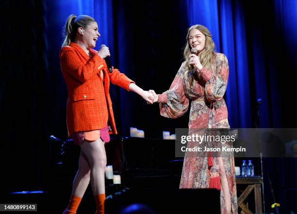 Tenille Arts and LeAnn Rimes perform at the Ryman Auditorium on April 08, 2023 in Nashville, Tennessee.