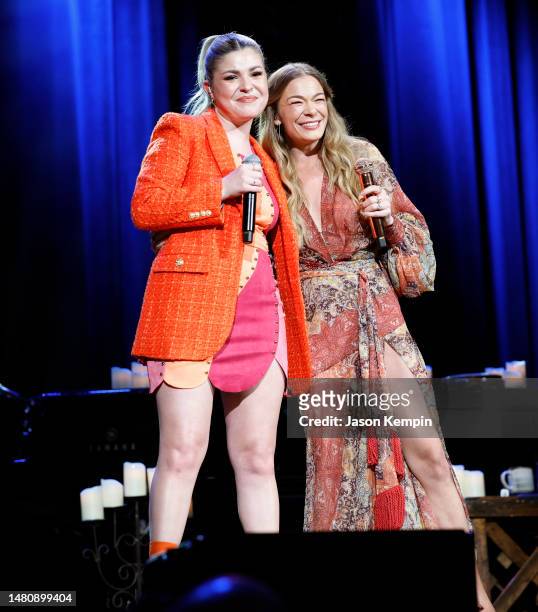 Tenille Arts and LeAnn Rimes perform at the Ryman Auditorium on April 08, 2023 in Nashville, Tennessee.