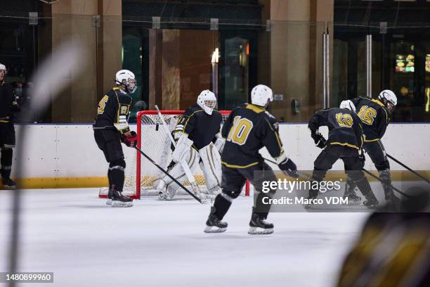 hockey team, ice rink and sports game playing for exercise, training or practice for competitive tournament. athletic people in ice hockey sport in teamwork exercising skating and preparing for match - ice hockey uniform stock pictures, royalty-free photos & images