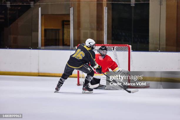 eishockey, sport und fitness, athlet in der arena spielendes spiel, profispieler geht für das tor, aktive und sportliche motivation in der kanadischen eisbahn. übung, hockeyspiel und wettkampf mit training. - goaltender ice hockey player stock-fotos und bilder