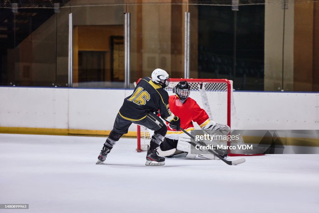 Ice hockey, sport and fitness, athlete in arena playing game, professional player goes for goal, active and sports motivation in Canada ice rink. Exercise, hockey match and competition with training.