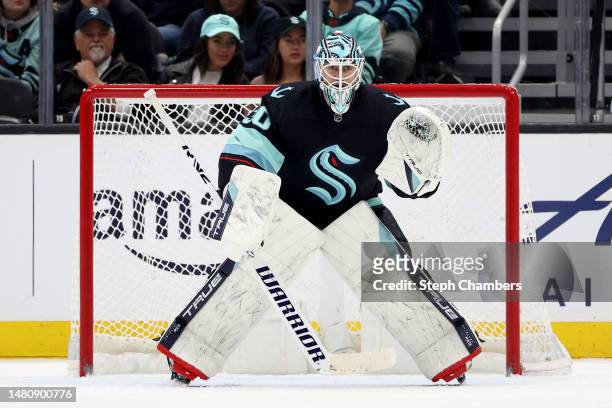 Martin Jones of the Seattle Kraken tends net against the Chicago Blackhawks during the second period at Climate Pledge Arena on April 08, 2023 in...