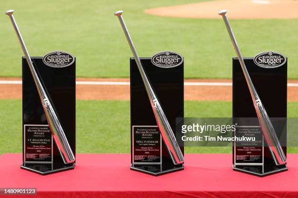 Silver Slugger awards for J.T. Realmuto, Trea Turner and Kyle Schwarber of the Philadelphia Phillies are seen at Citizens Bank Park on April 08, 2023...