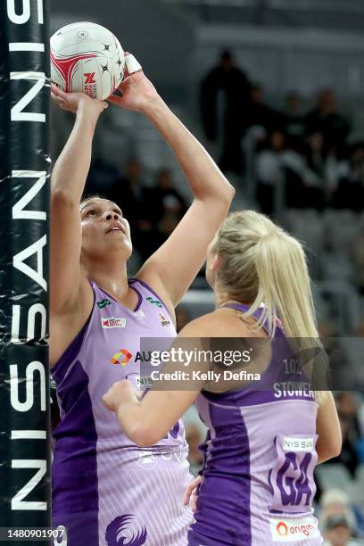 Donnell Wallam of Firebirds shoots during the round four Super Netball match between Collingwood Magpies and Queensland Firebirds at John Cain Arena,...