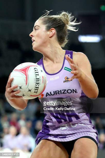 Lara Dunkley of Firebirds catches the ball during the round four Super Netball match between Collingwood Magpies and Queensland Firebirds at John...