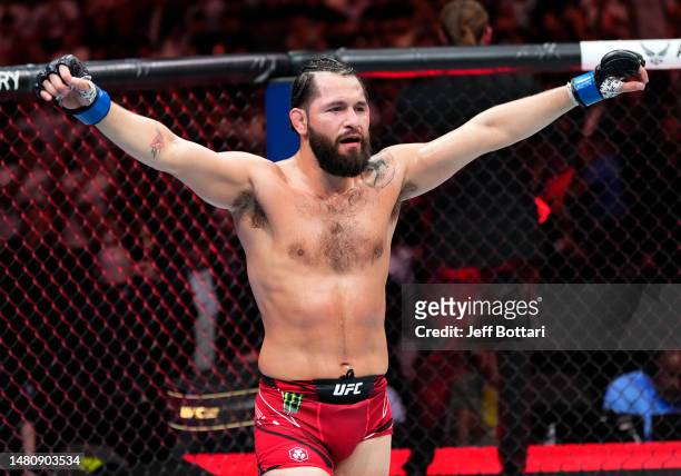 Jorge Masvidal reacts after the conclusion of his welterweight fight against Gilbert Burns of Brazil during the UFC 287 event at Kaseya Center on...