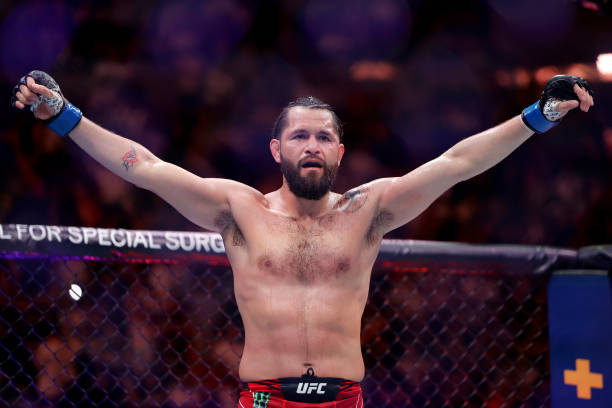 Jorge Masvidal reacts his welterweight bout against Gilbert Burns of Brazil during UFC 287 at Kaseya Center on April 08, 2023 in Miami, Florida.