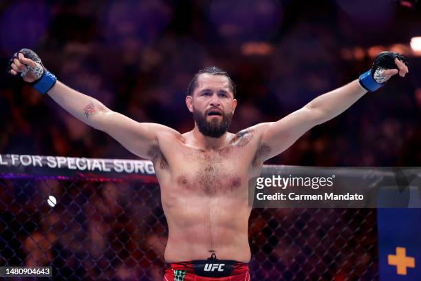 Jorge Masvidal reacts his welterweight bout against Gilbert Burns of Brazil during UFC 287 at Kaseya Center on April 08, 2023 in Miami, Florida.