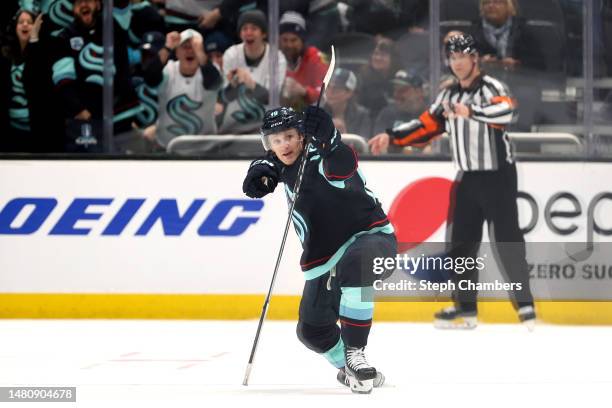 Jared McCann of the Seattle Kraken celebrates his goal during the third period against the Chicago Blackhawks at Climate Pledge Arena on April 08,...