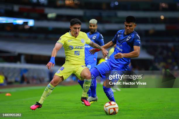 Alejandro Zendejas of America battles for possession with Jesús Gallardo of Monterrey during the 14th round match between America and Monterrey as...