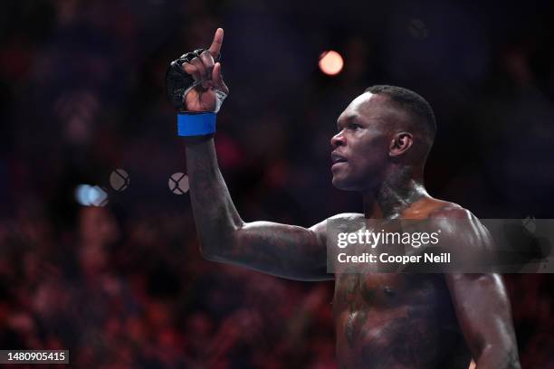 Israel Adesanya of Nigeria reacts after knocking out Alex Pereira of Brazil in the UFC middleweight championship fight during the UFC 287 event at...