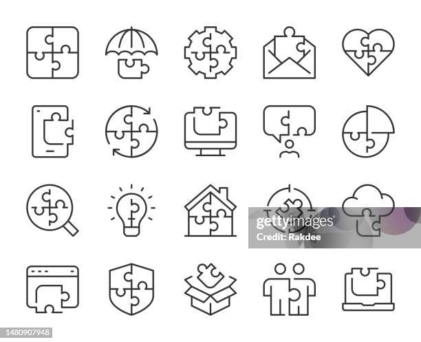 puzzle - light line icons - jigsaw puzzle stock illustrations