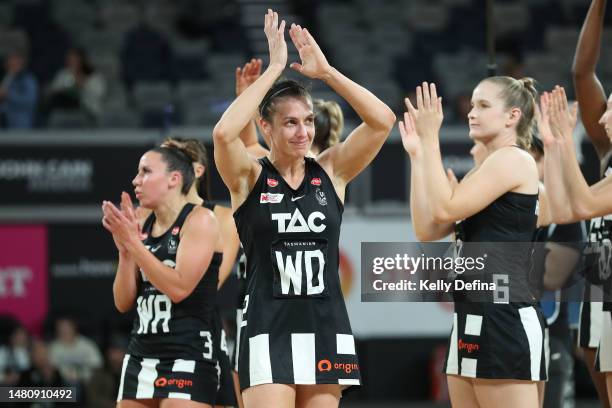 Ash Brazill of the Magpies celebrates the win during the round four Super Netball match between Collingwood Magpies and Queensland Firebirds at John...