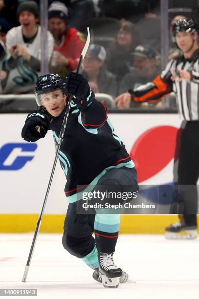 Jared McCann of the Seattle Kraken celebrates his goal during the third period against the Chicago Blackhawks at Climate Pledge Arena on April 08,...