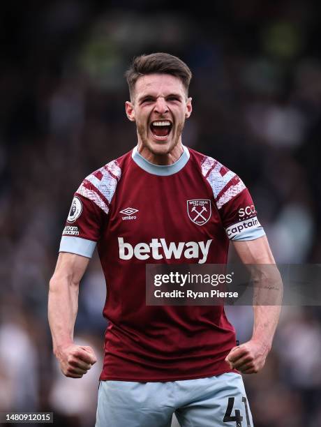 Declan Rice of West Ham United celebrates victory after the Premier League match between Fulham FC and West Ham United at Craven Cottage on April 08,...