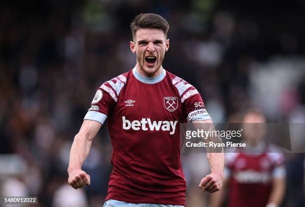 Declan Rice of West Ham United celebrates victory after the Premier League match between Fulham FC and West Ham United at Craven Cottage on April 08,...