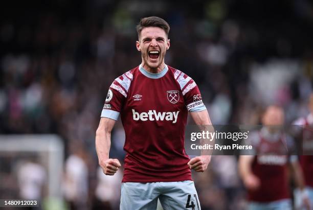 Declan Rice of West Ham United celebrates victory after the Premier League match between Fulham FC and West Ham United at Craven Cottage on April 08,...