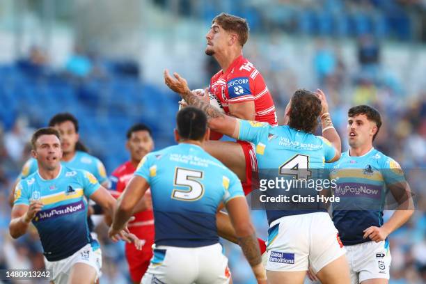 Zac Lomax of the Dragons takes a high ball during the round six NRL match between Gold Coast Titans and St George Illawarra Dragons at Cbus Super...