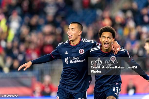 Bobby Wood of New England Revolution celebrates his goal with teammates during a game between CF Montreal and New England Revolution at Gillette...