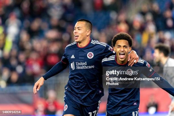 Bobby Wood of New England Revolution celebrates his goal with teammates during a game between CF Montreal and New England Revolution at Gillette...