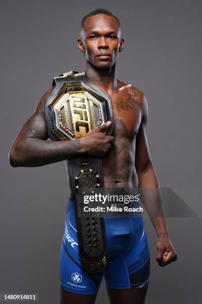 Israel Adesanya of Nigeria poses for a portrait after his victory during the UFC 287 event at Kaseya Center on April 08, 2023 in Miami, Florida.