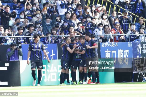 Of Gamba Osaka celebrates scoring his side's first goal during the J.LEAGUE Meiji Yasuda J1 7th Sec. Match between Gamba Osaka and Kawasaki Frontale...