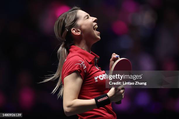 Bernadette Szocs of Romania celebrates after winning against Jia Nan Yuan of France Jia Nan Yuan of France in their Women's singles Round of 32 match...