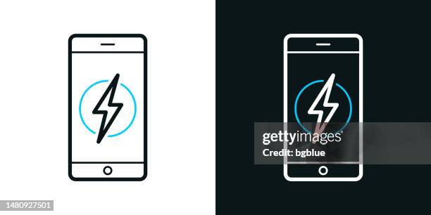 smartphone with electricity symbol. bicolor line icon on black or white background - editable stroke - phone flash light stock illustrations