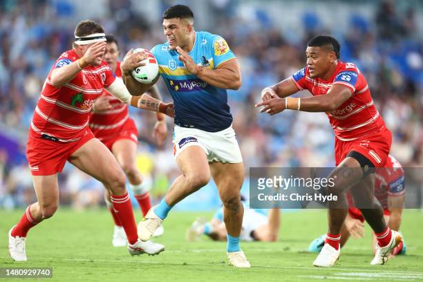 David Fifita of the Titans makes a break during the round six NRL match between Gold Coast Titans and St George Illawarra Dragons at Cbus Super...