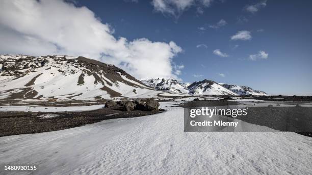 southern glaciers iceland frozen volcanic gravel field in winter panorama - eyjafjallajokull glacier stock pictures, royalty-free photos & images