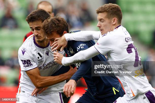 Raimon Marchan of Melbourne Victory attempts to break through the defense during the round 23 A-League Men's match between Melbourne Victory and...