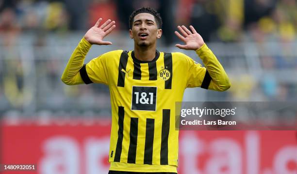 Jude Bellingham of Dortmund gestures during the Bundesliga match between Borussia Dortmund and 1. FC Union Berlin at Signal Iduna Park on April 08,...