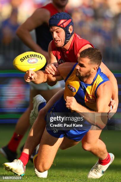 Jack Darling of the Eagles and Angus Brayshaw of the Demons battle for the ballduring the round four AFL match between West Coast Eagles and...