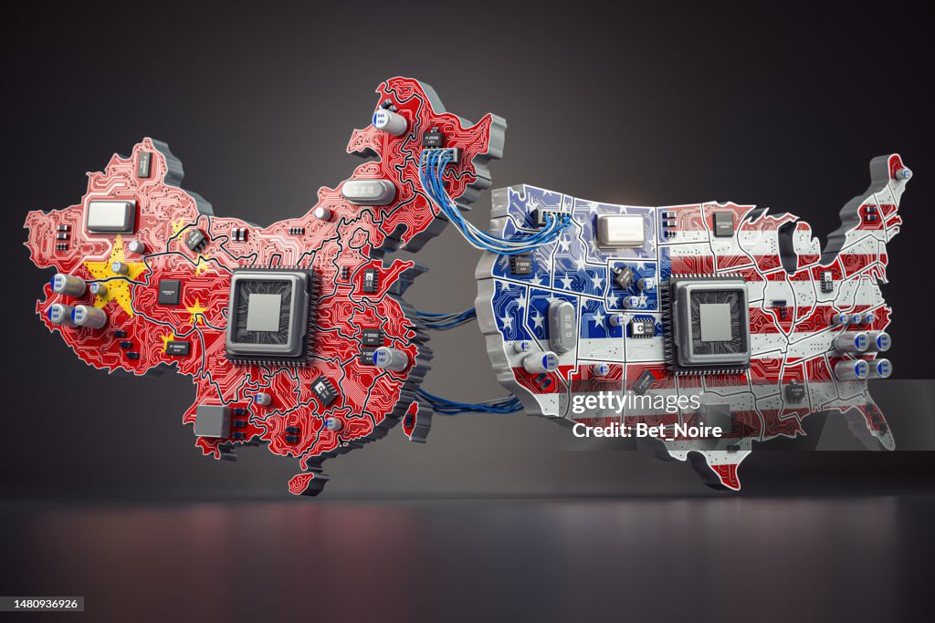 Semiconductor chip war between USA and China concept. Computer chips in from of China and USA map in colors of flags.