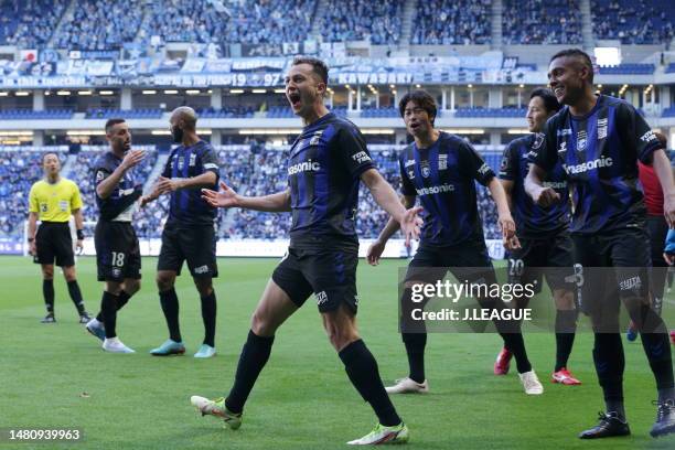 Of Gamba Osaka celebrates scoring his side's second goal during the J.LEAGUE Meiji Yasuda J1 7th Sec. Match between Gamba Osaka and Kawasaki Frontale...