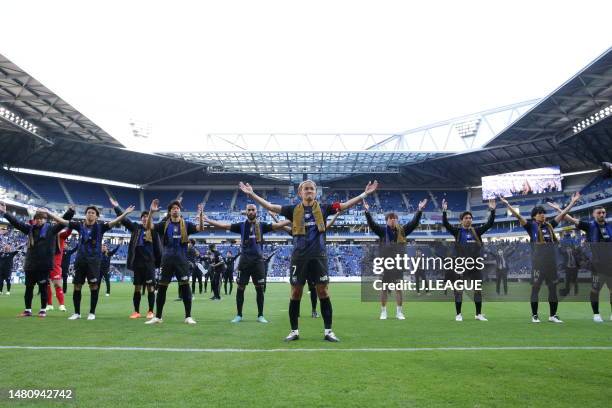 Gamba Osaka players celebrate their victory after during the J.LEAGUE Meiji Yasuda J1 7th Sec. Match between Gamba Osaka and Kawasaki Frontale at...