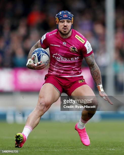 Jack Nowell of Exeter Chiefs runs with the ball during the Heineken Champions Cup Quarter Finals match between Exeter Chiefs and DHL Stormers at...