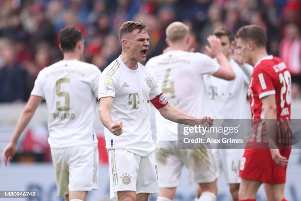 Joshua Kimmich of Bayern Muenchen reacts after the Bundesliga match between Sport-Club Freiburg and FC Bayern München at Europa-Park Stadion on April...