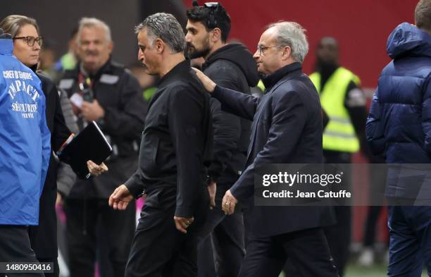 Coach of PSG Christophe Galtier, Luis Campos of PSG following the Ligue 1 match between OGC Nice and Paris Saint-Germain at Allianz Riviera stadium...